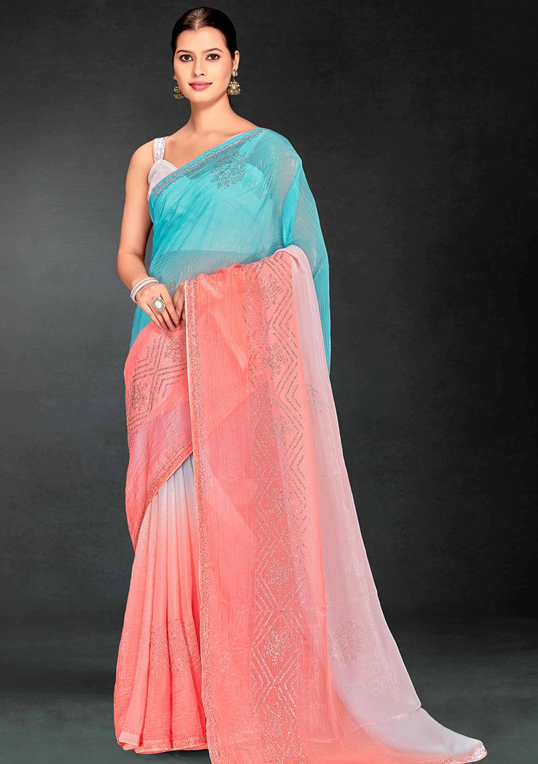 Peach Siroski Stone Border Art Silk Saree Set
