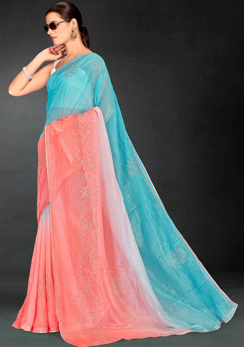 Peach Siroski Stone Border Art Silk Saree Set