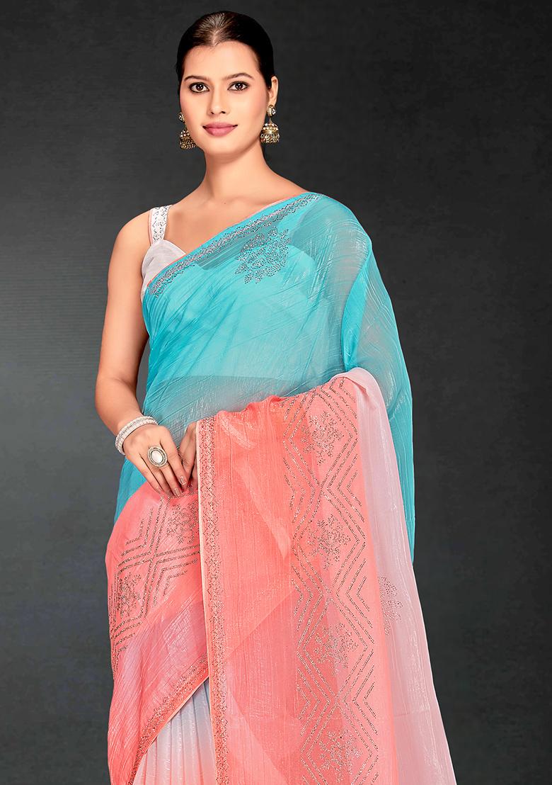 Peach Siroski Stone Border Art Silk Saree Set