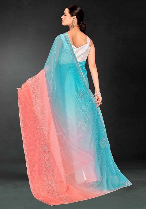 Peach Siroski Stone Border Art Silk Saree Set