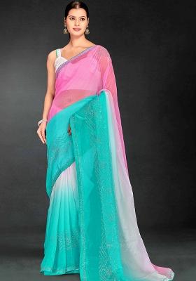 Sky Blue Siroski Stone Border Art Silk Saree Set