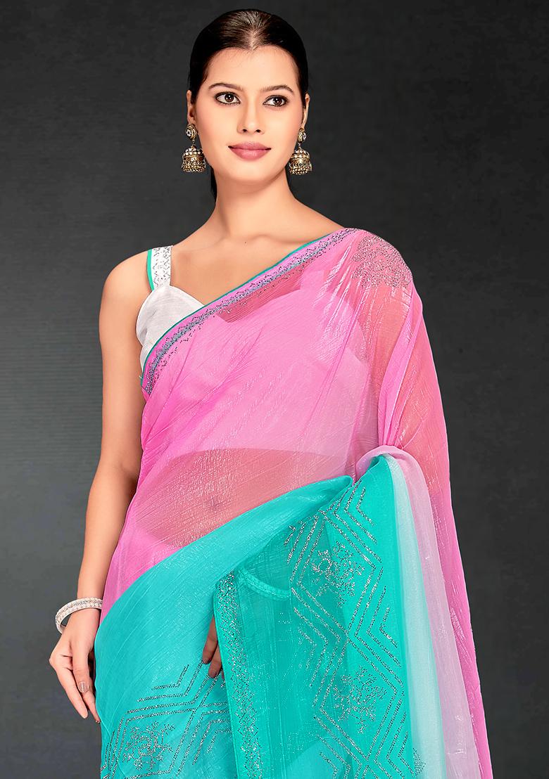 Sky Blue Siroski Stone Border Art Silk Saree Set