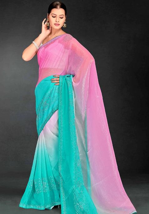 Sky Blue Siroski Stone Border Art Silk Saree Set