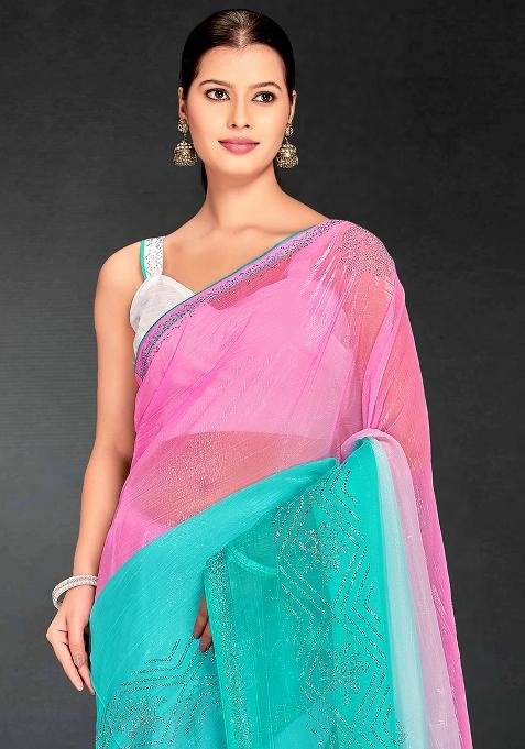 Sky Blue Siroski Stone Border Art Silk Saree Set