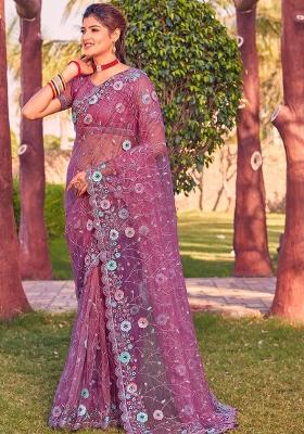 Pink Sequin Glitter Coding Embroidered Border Net Saree Set