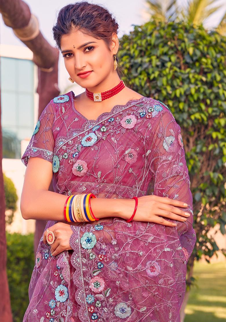 Pink Sequin Glitter Coding Embroidered Border Net Saree Set