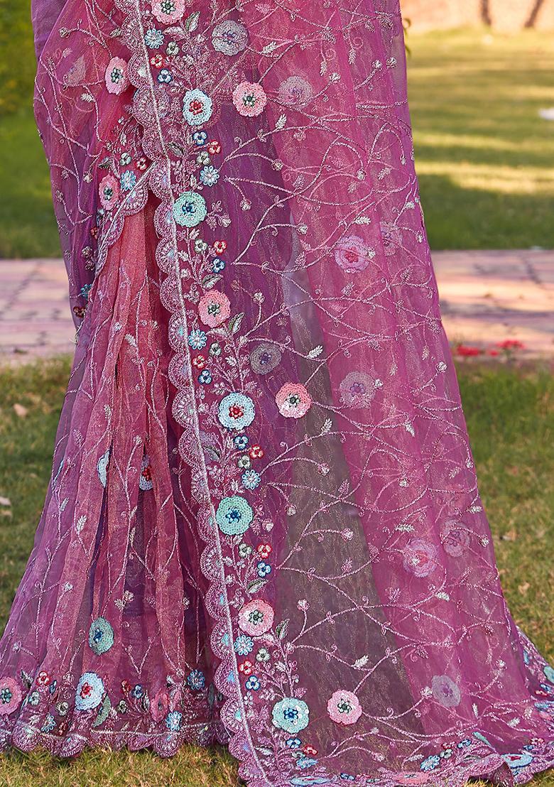Pink Sequin Glitter Coding Embroidered Border Net Saree Set