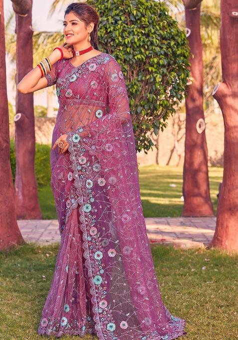 Pink Sequin Glitter Coding Embroidered Border Net Saree Set