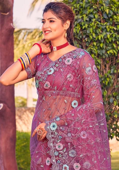 Pink Sequin Glitter Coding Embroidered Border Net Saree Set