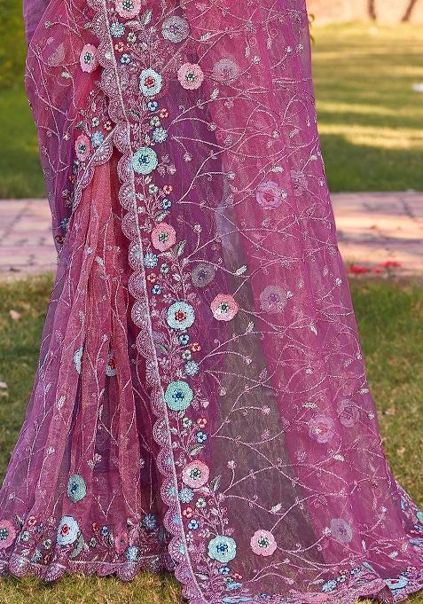 Pink Sequin Glitter Coding Embroidered Border Net Saree Set