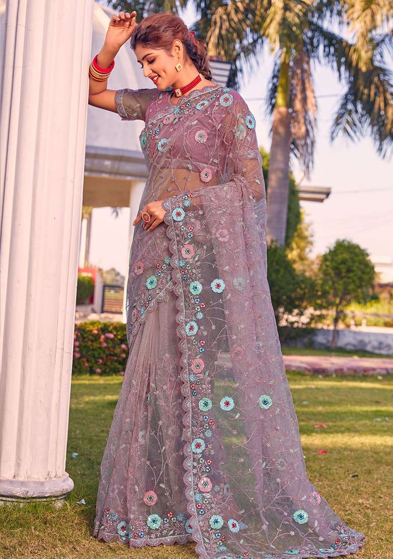 Lavender Glitter Coding Border Net Saree Set with Embroidered & Sequin for Diwali | Wedding & Festive Wear - Indya