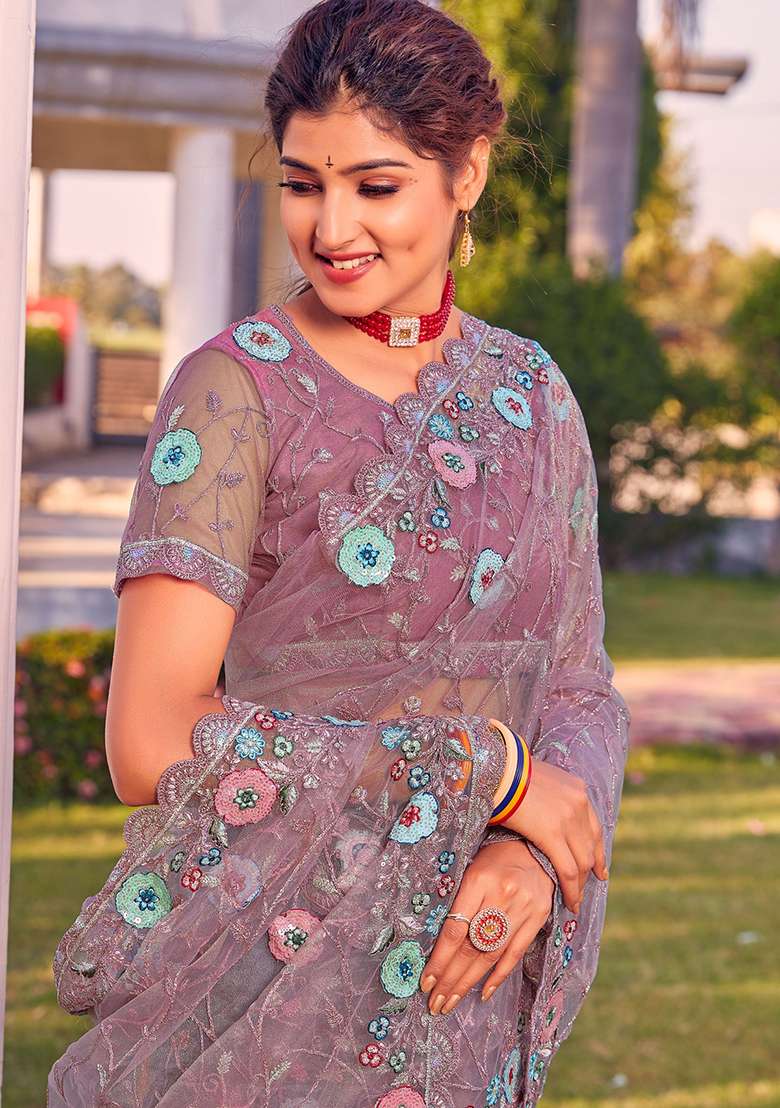 Lavender Glitter Coding Border Net Saree Set with Embroidered & Sequin for Diwali | Wedding & Festive Wear - Indya