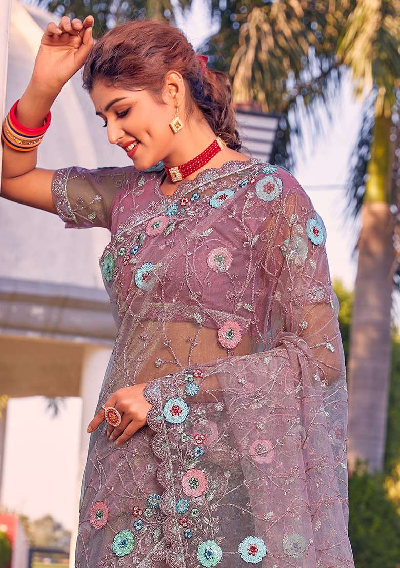 Lavender Glitter Coding Border Net Saree Set with Embroidered & Sequin for Diwali | Wedding & Festive Wear - Indya