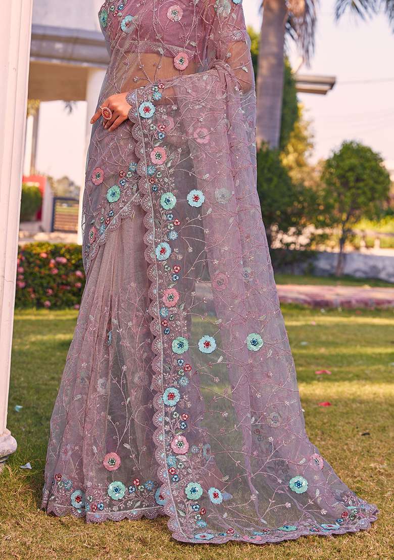 Lavender Glitter Coding Border Net Saree Set with Embroidered & Sequin for Diwali | Wedding & Festive Wear - Indya