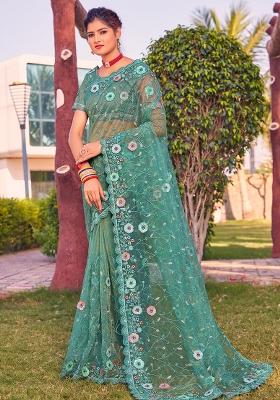Sea Green Sequin Glitter Coding Embroidered Border Net Saree Set