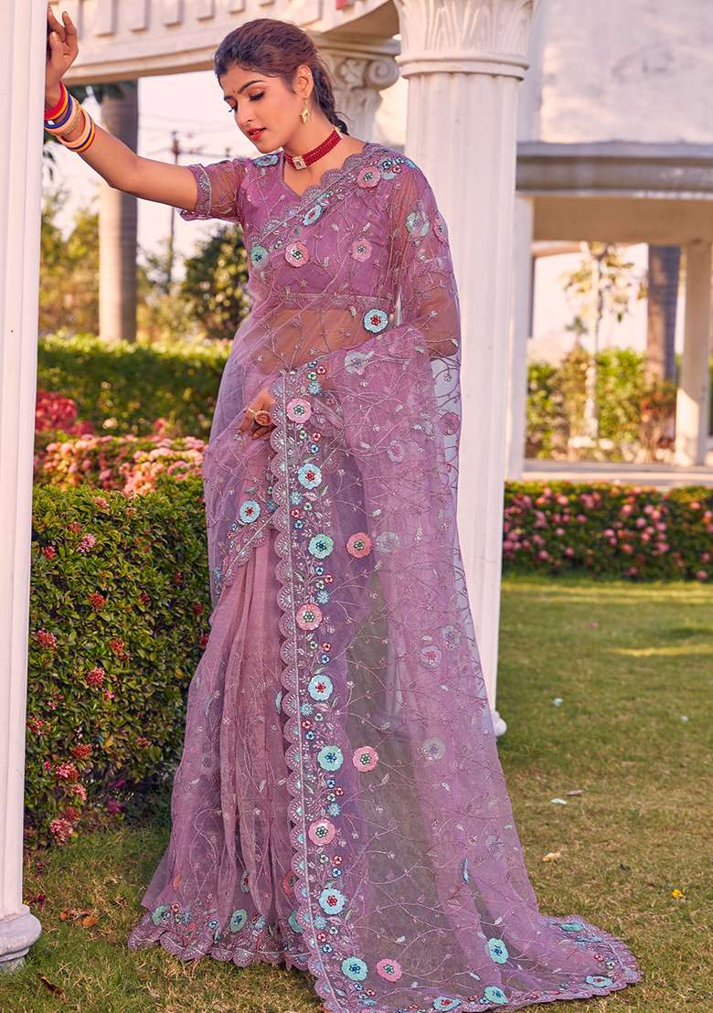 Lavender Glitter Coding Border Net Saree Set with Embroidered & Sequin for Diwali | Wedding & Festive Wear - Indya