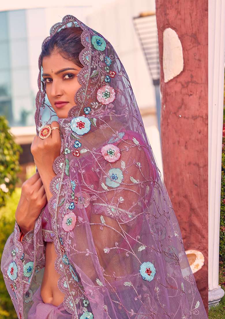 Lavender Glitter Coding Border Net Saree Set with Embroidered & Sequin for Diwali | Wedding & Festive Wear - Indya