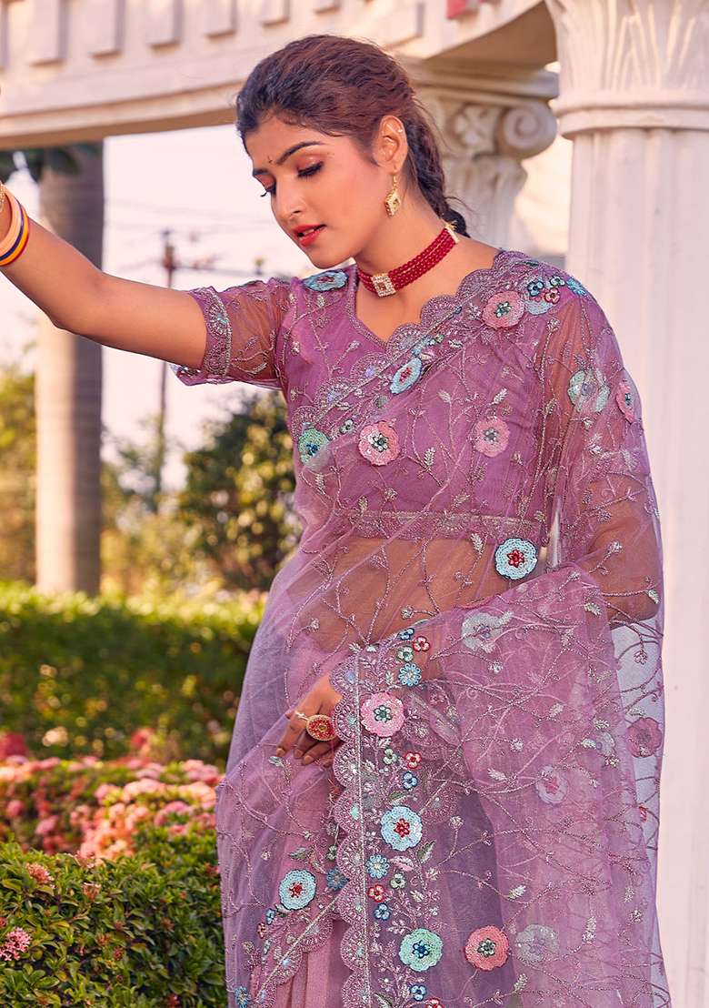 Lavender Glitter Coding Border Net Saree Set with Embroidered & Sequin for Diwali | Wedding & Festive Wear - Indya