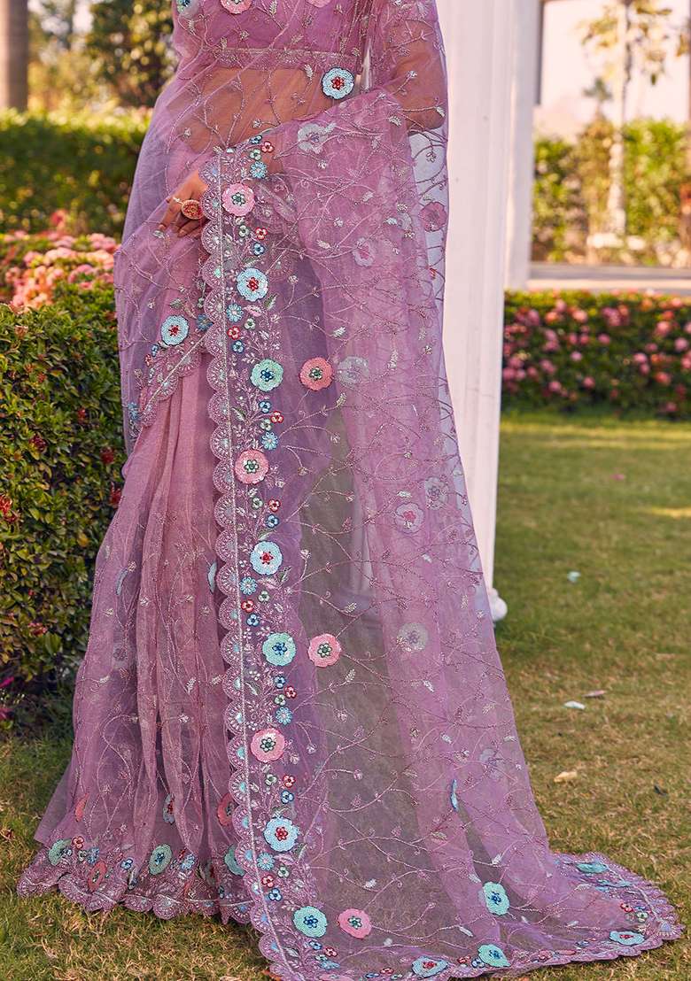 Lavender Glitter Coding Border Net Saree Set with Embroidered & Sequin for Diwali | Wedding & Festive Wear - Indya