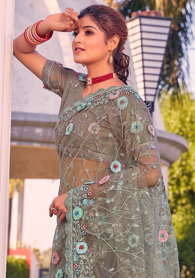 Green Glitter Coding Border Net Saree Set with Embroidered & Sequin for Diwali | Wedding & Festive Wear - Indya