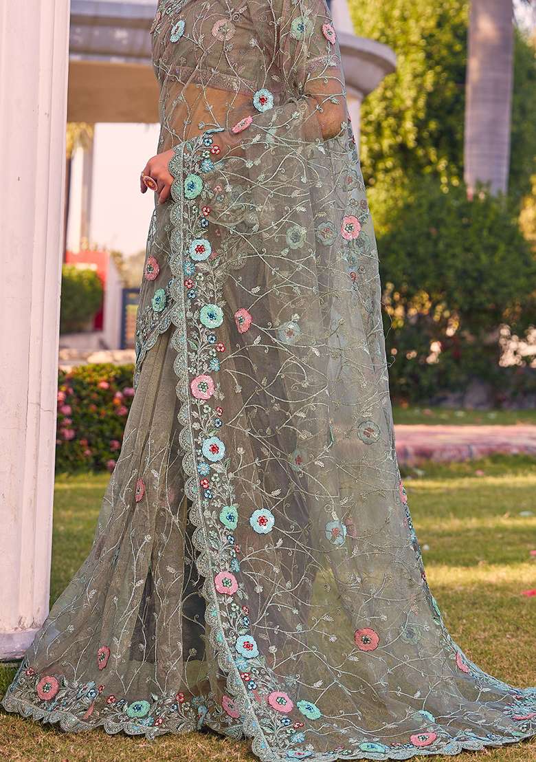 Green Glitter Coding Border Net Saree Set with Embroidered & Sequin for Diwali | Wedding & Festive Wear - Indya