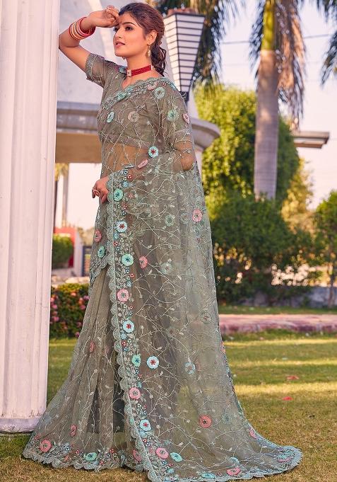 Green Sequin Glitter Coding Embroidered Border Net Saree Set