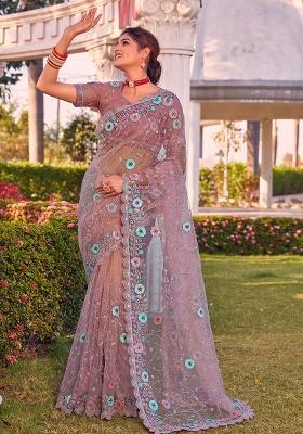 Purple Sequin Glitter Coding Embroidered Border Net Saree Set