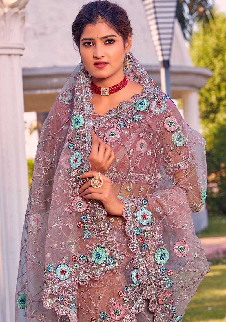 Purple Glitter Coding Border Net Saree Set with Embroidered & Sequin for Diwali | Wedding & Festive Wear - Indya