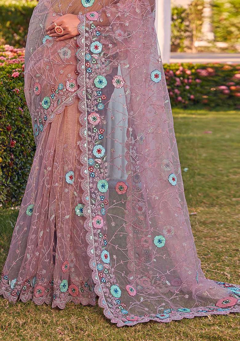 Purple Glitter Coding Border Net Saree Set with Embroidered & Sequin for Diwali | Wedding & Festive Wear - Indya