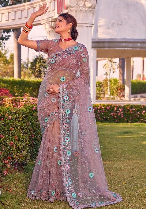 Purple Sequin Glitter Coding Embroidered Border Net Saree Set