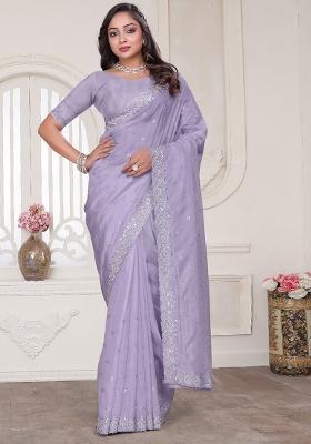 Lavender Sequin Glitter Coding Embroidered Border Silk Saree Set
