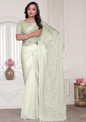 Cream Sequin Glitter Coding Embroidered Border Silk Saree Set