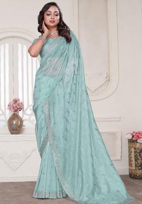 Sky Blue Sequin Glitter Coding Embroidered Border Silk Saree Set