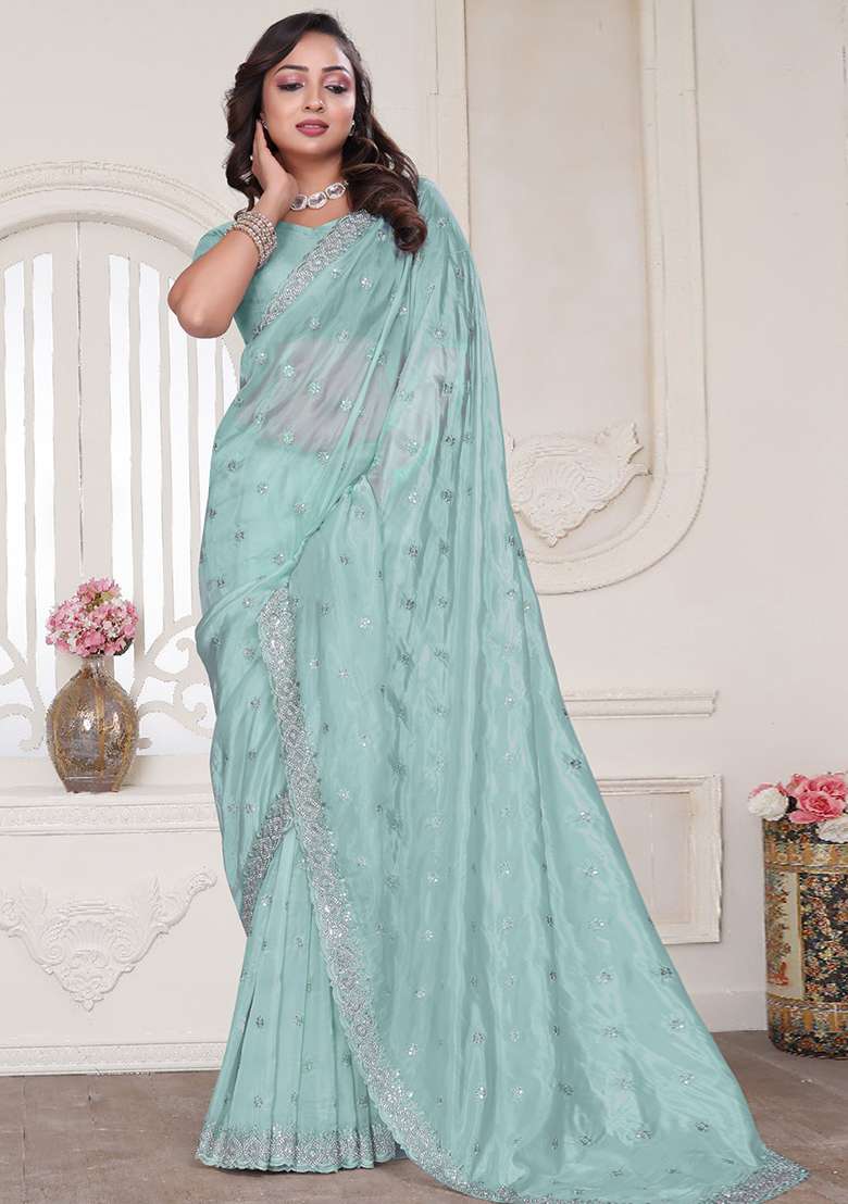 Sky Blue Sequin Glitter Coding Embroidered Border Silk Blend Saree Set for Diwali and Festive Wear - Indya