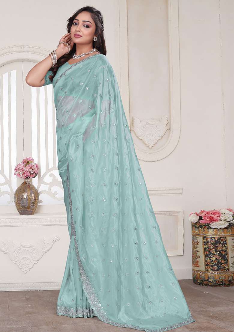 Sky Blue Sequin Glitter Coding Embroidered Border Silk Blend Saree Set for Diwali and Festive Wear - Indya