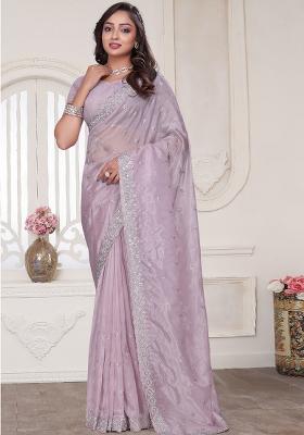 Lavender Sequin Glitter Coding Embroidered Border Silk Saree Set