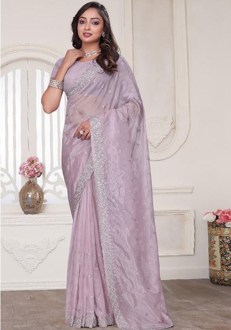 Lavender Sequin Glitter Coding Embroidered Border Silk Saree Set