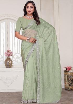 Green Sequin Glitter Coding Embroidered Border Silk Saree Set