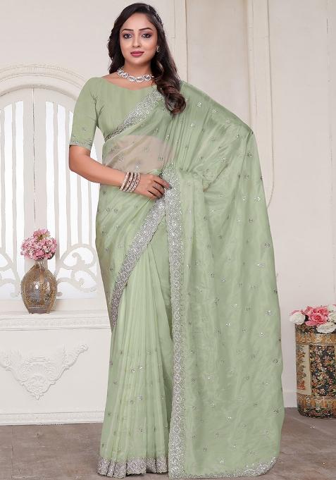 Green Sequin Glitter Coding Embroidered Border Silk Saree Set