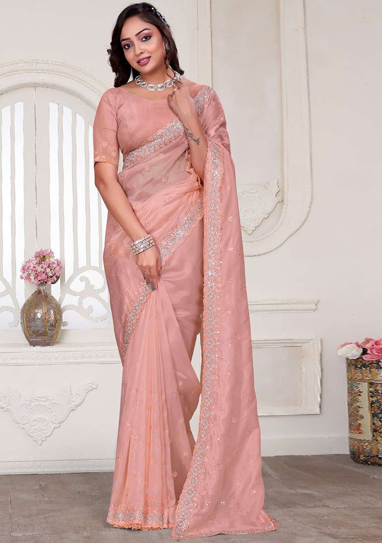 Peach Glitter Coding Border Silk Blend Saree Set with Embroidered & Sequin for Diwali | Wedding & Festive Wear - Indya