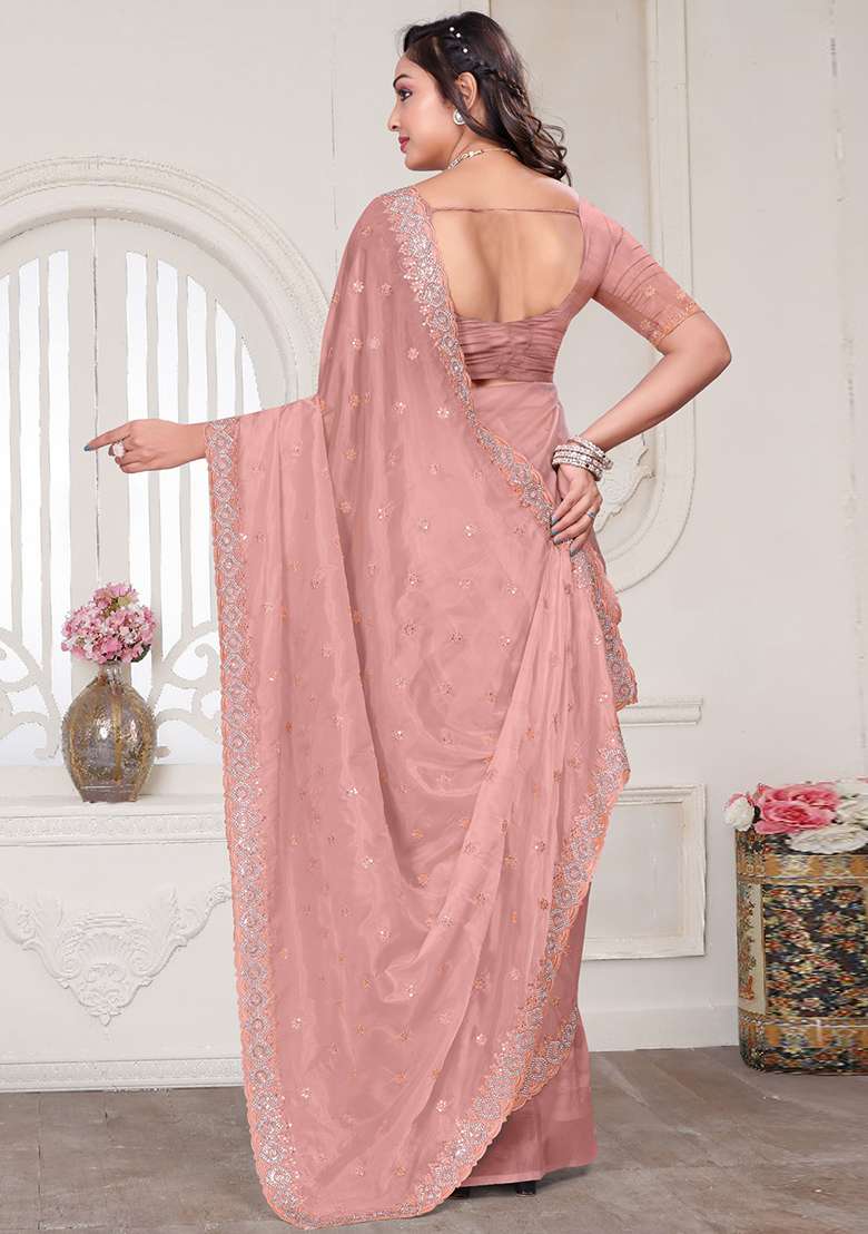 Peach Glitter Coding Border Silk Blend Saree Set with Embroidered & Sequin for Diwali | Wedding & Festive Wear - Indya