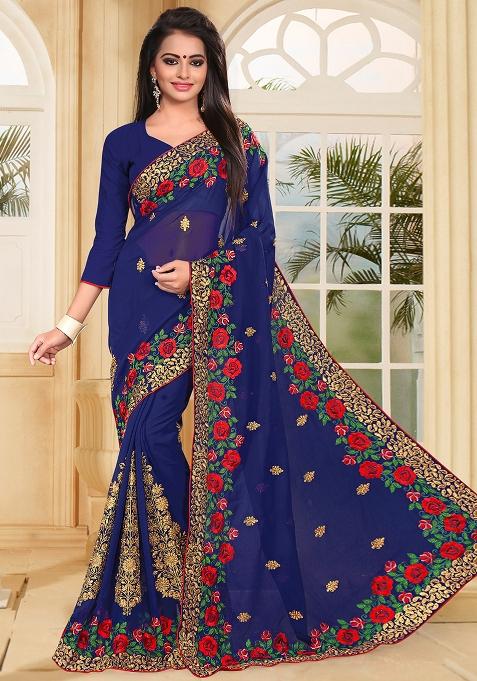 Navy Blue Zari Resham Embroidered Georgette Saree Set