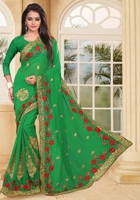 Green Zari Resham Embroidered Georgette Saree Set