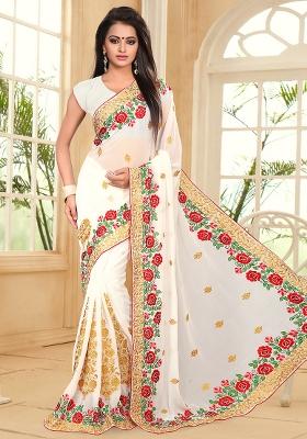 White Zari Resham Embroidered Georgette Saree Set