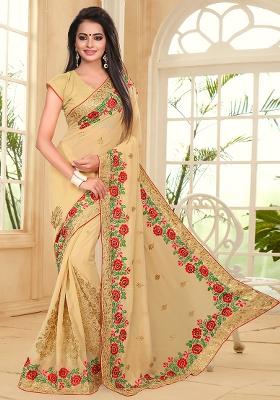 Beige Zari Resham Embroidered Georgette Saree Set