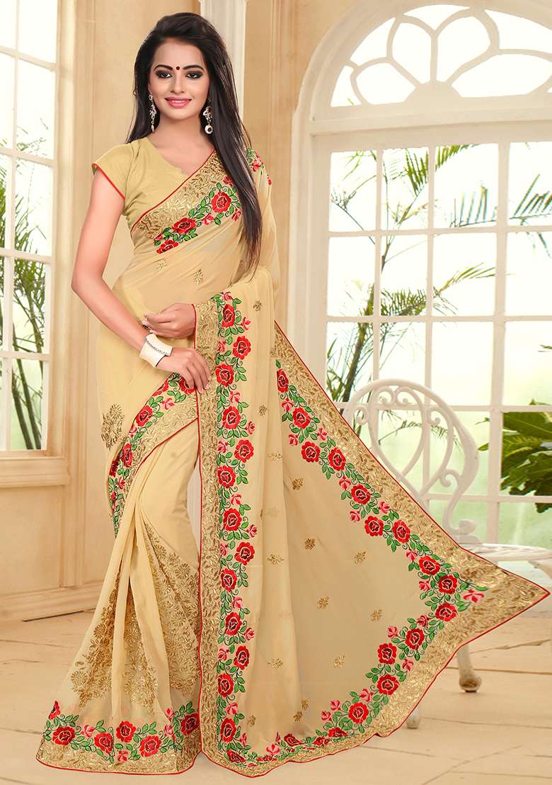 Beige Zari Resham Embroidered Georgette Saree Set for Diwali and Festive Wear - Indya