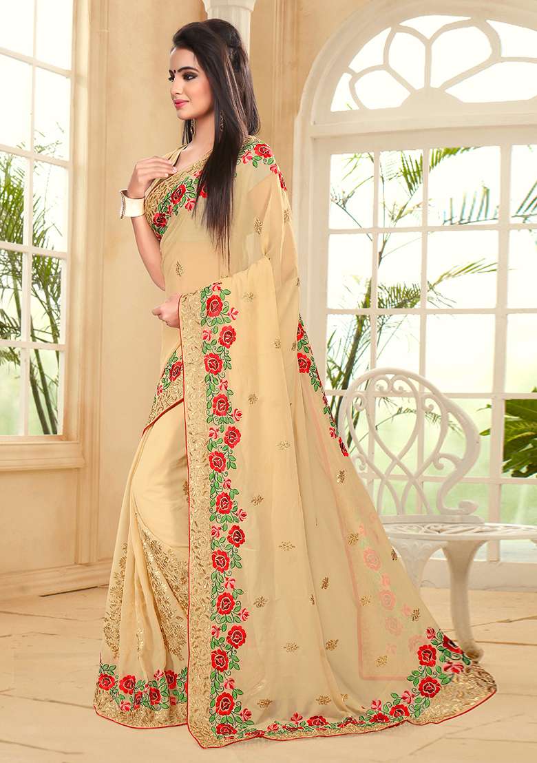 Beige Zari Resham Embroidered Georgette Saree Set for Diwali and Festive Wear - Indya