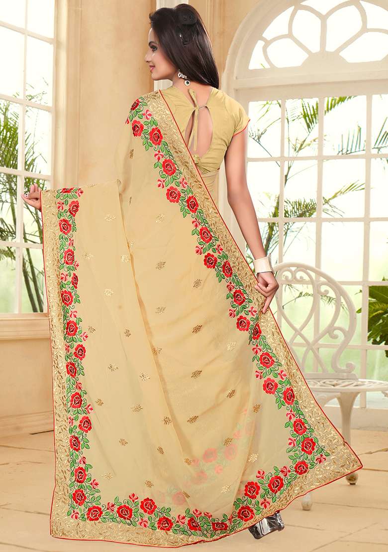 Beige Zari Resham Embroidered Georgette Saree Set for Diwali and Festive Wear - Indya