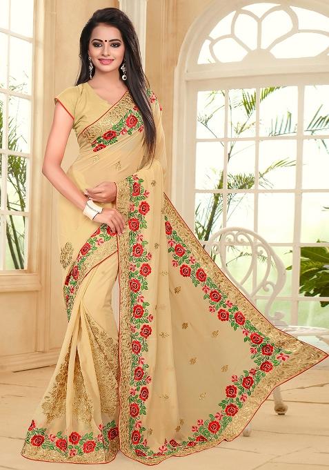 Beige Zari Resham Embroidered Georgette Saree Set