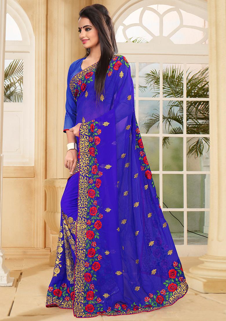Blue Zari Resham Embroidered Georgette Saree Set - Indya